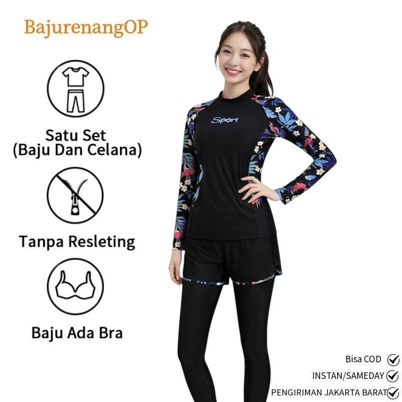31012 Baju renang cewek wanita dewasa remaja satu set lengan celana panjang antiuv rashguard