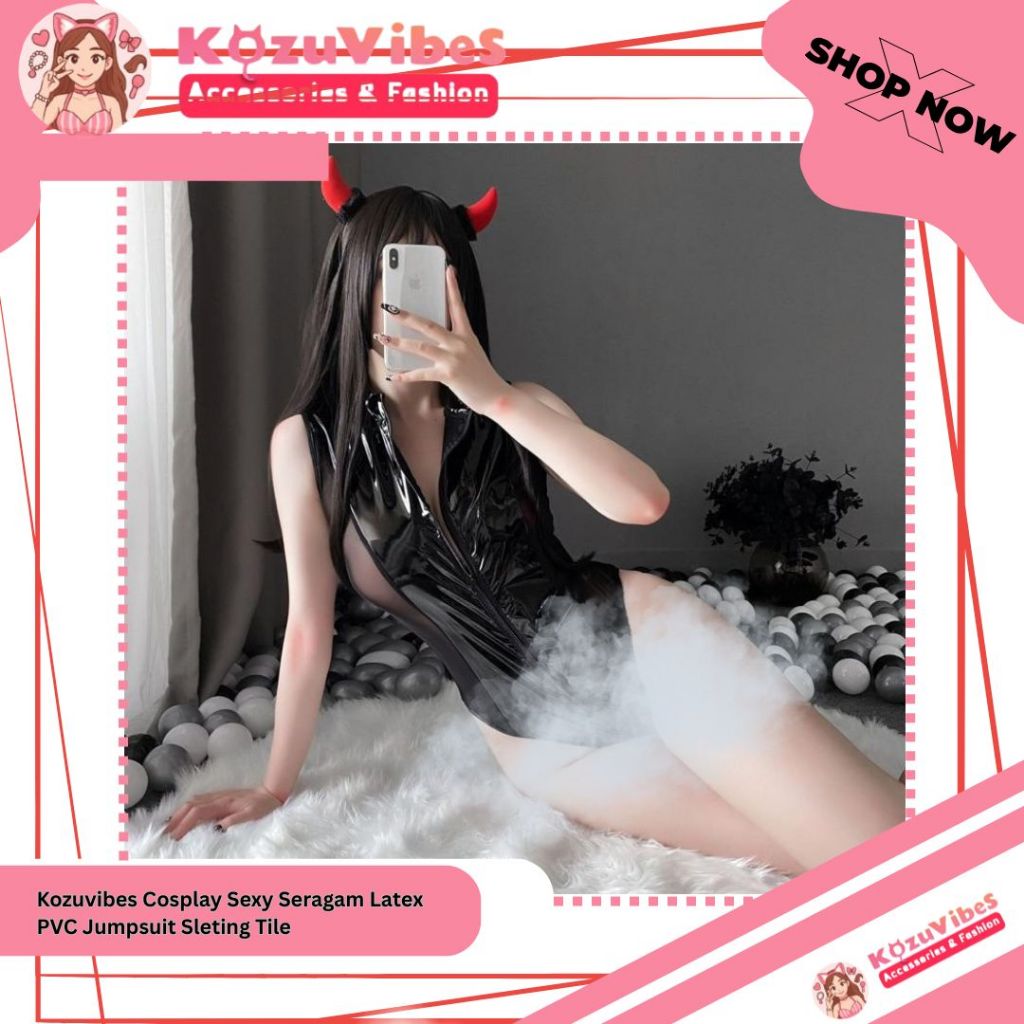 Kozuvibes Cosplay Sexy Seragam Kulit Latex PVC Jumpsuit Sleting Tile