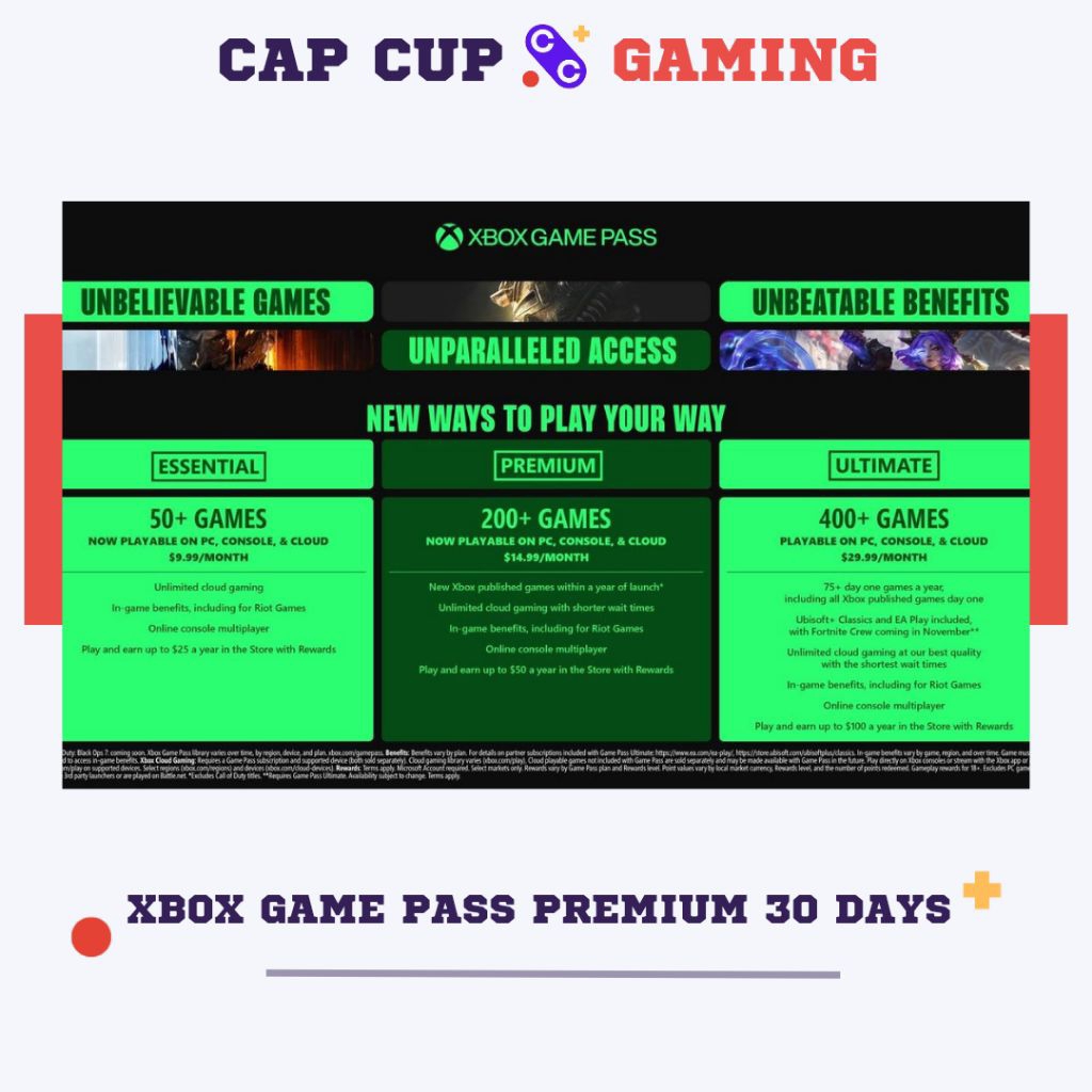 [Cap Cup Store] Xbox Game Pass Premium 30 Hari for Xbox One, Xbox Series X|S, Android and PC