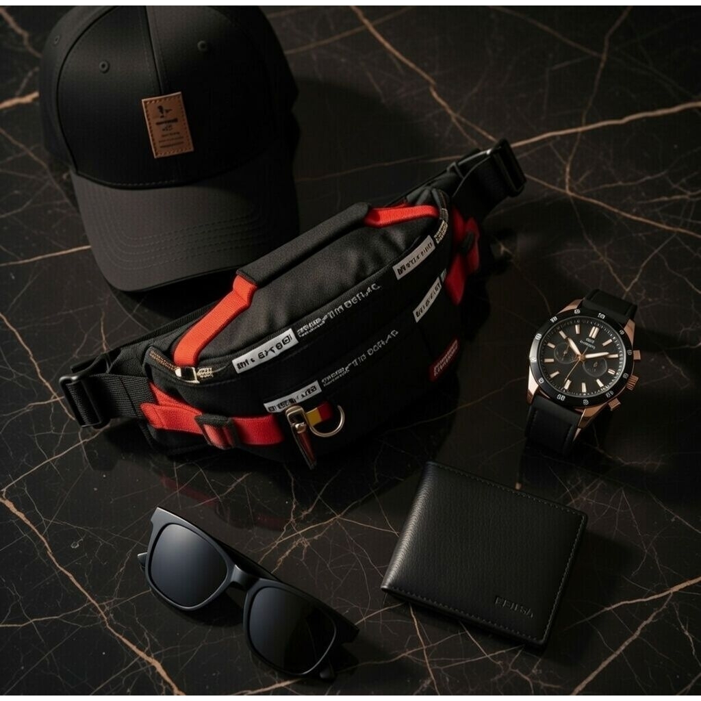 Tas Pria Edisi Spesial Paket Komplit Beli 1 get 5 / Tas Waist Bag Pria free Jam Tangan Led. Ikat Pin