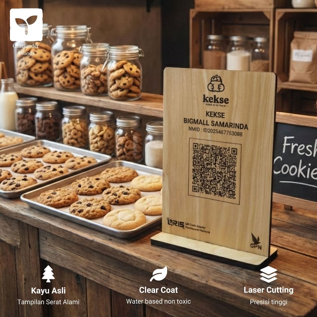Papan QRIS Stand | QR Code Stand Kayu utk Menu / QRIS / WiFi / Reviews / Chat / Sosmed Custom Logo