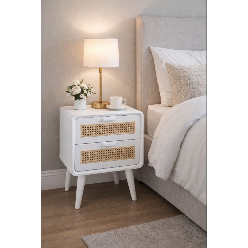 Nakas Minimalis Duco Putih Kombinasi Rotan – Meja Nakas Kayu 2 Laci Modern Samping Tempat Tidur Scan