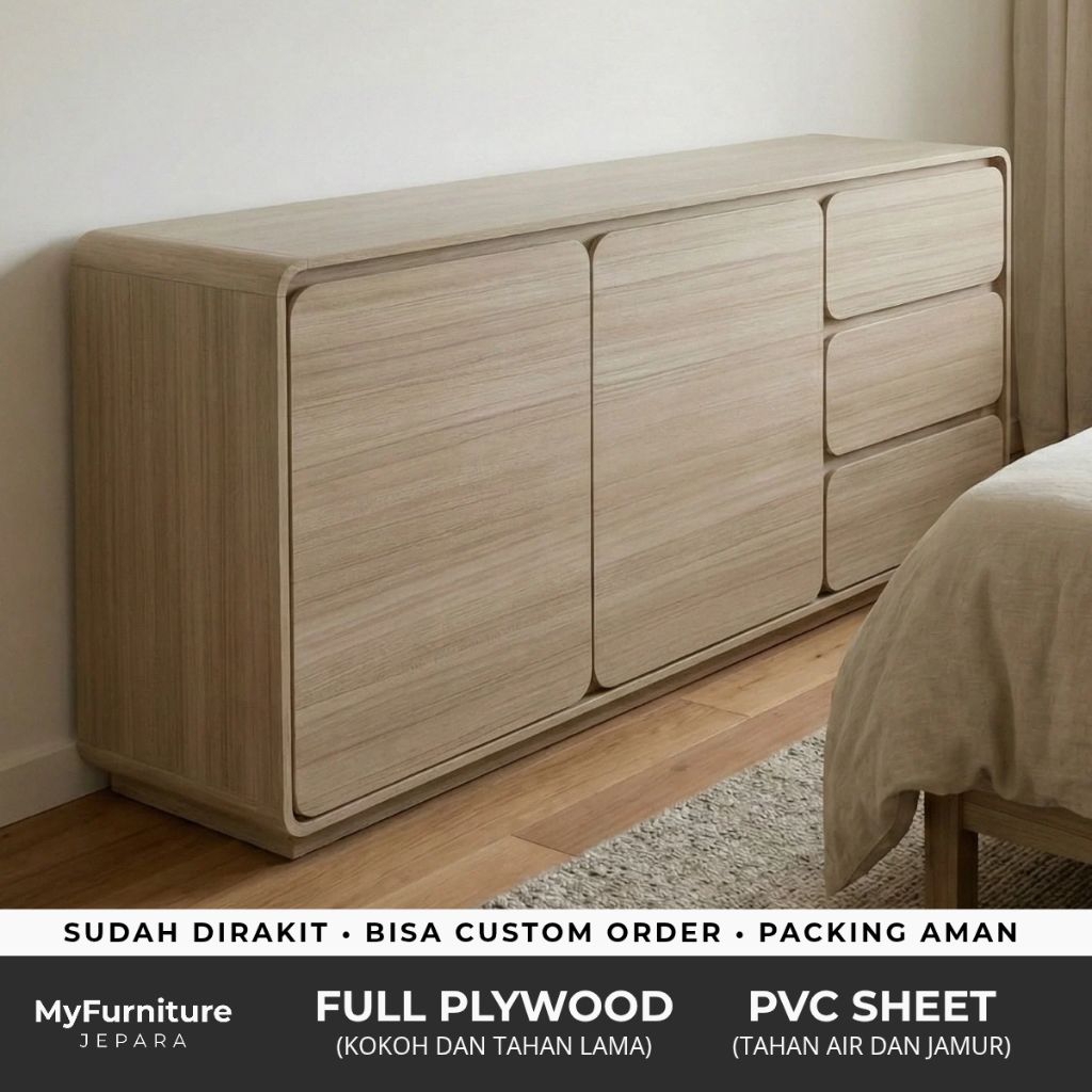 Credenza / Kabinet / Buffet TV / Lemari Serbaguna Pintu Sliding & Engsel 3 Laci Rounded Plywood Anti