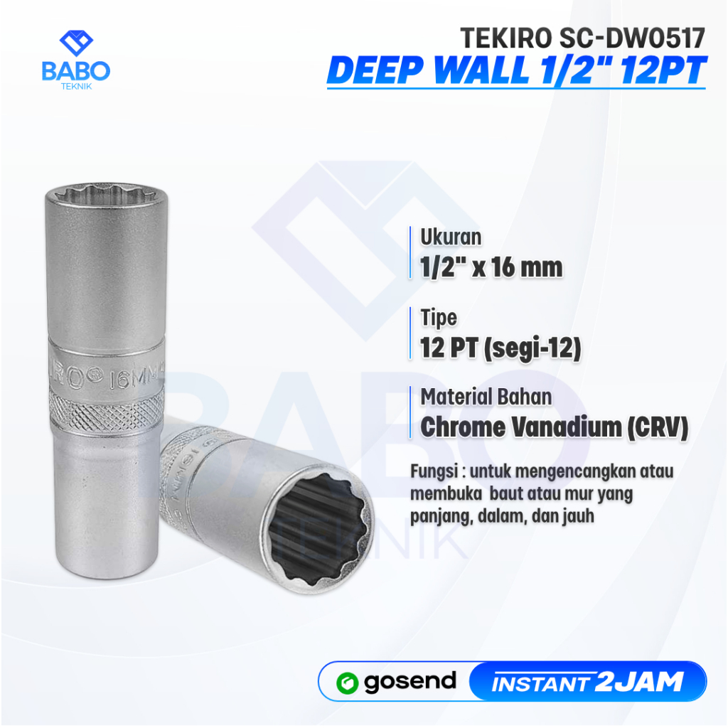 Tekiro Mata Sock Panjang 16 mm 1/2 Inch 12PT Kunci Sok Deep Wall Hand Socket