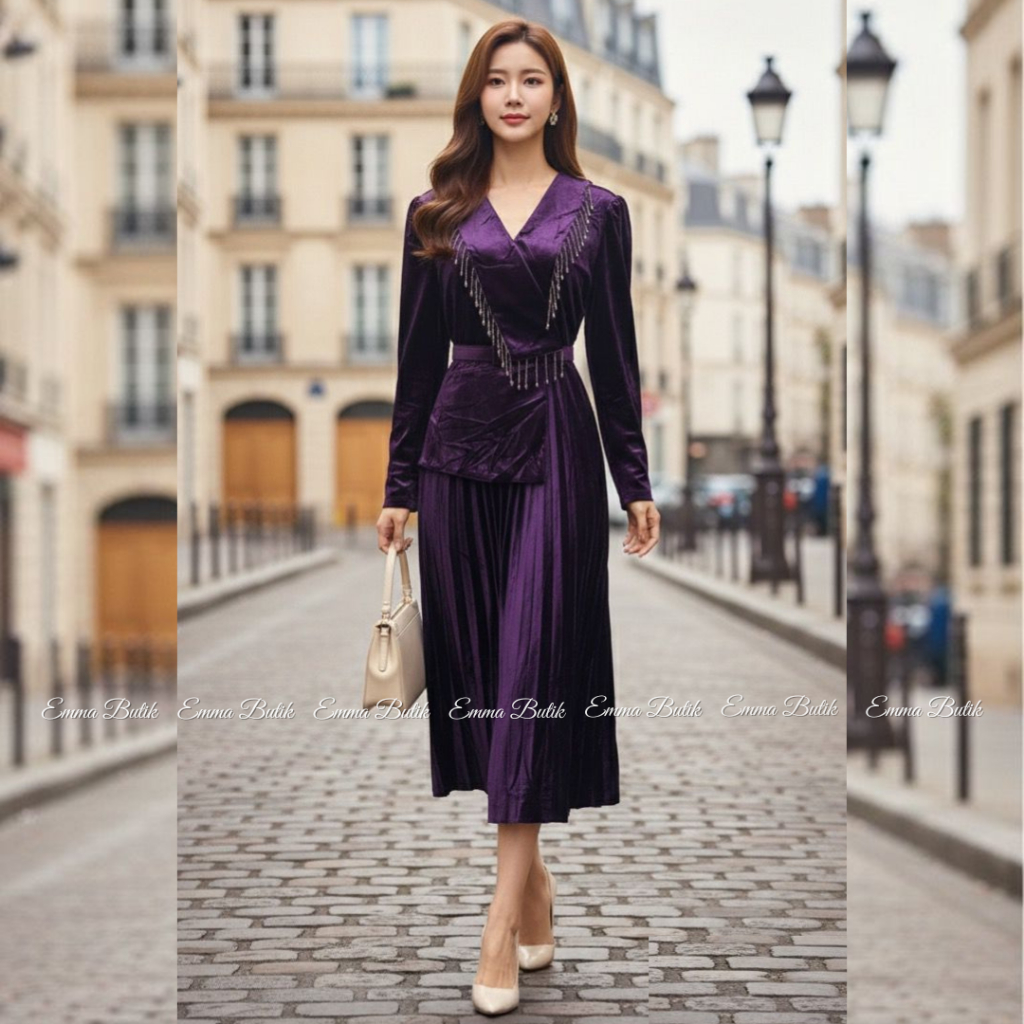 Emma.Butik E00601 Dress Plisket Velvet Wanita Gaun Midi Manik Mewah Gereja Bludru Pesta Elegan Lenga