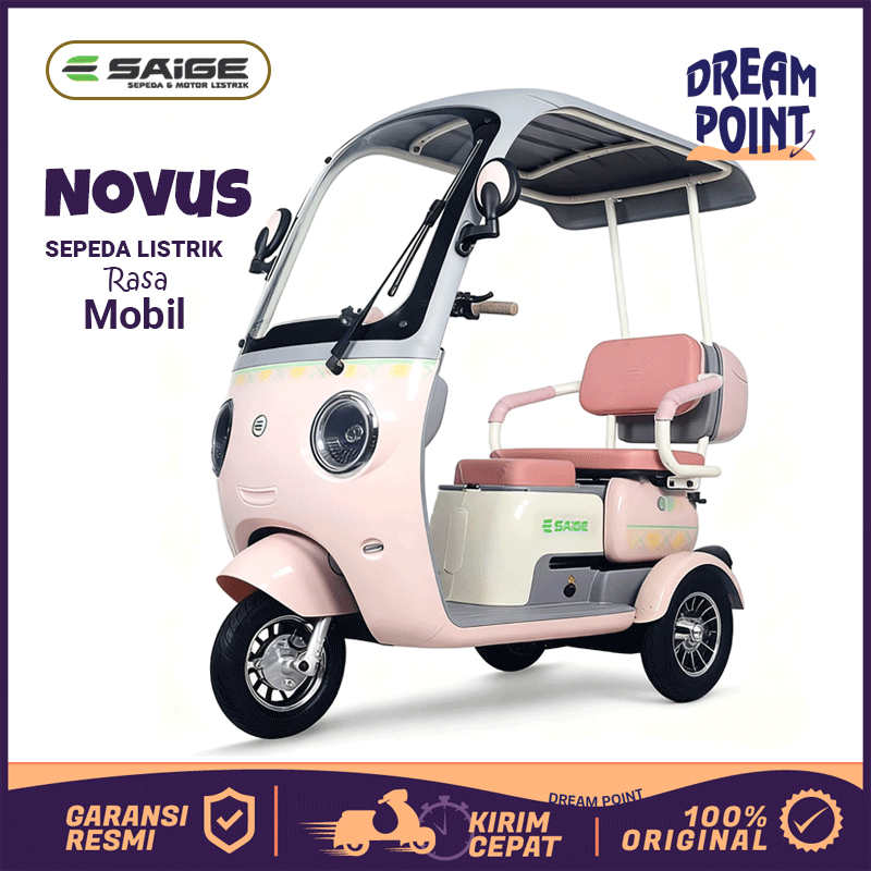 Sepeda Listrik Roda 3 SaiGe NOVUS Terbaru 2026 Bajai Listrik 48V Dewasa Pink Lucu Anti Air Garansi
