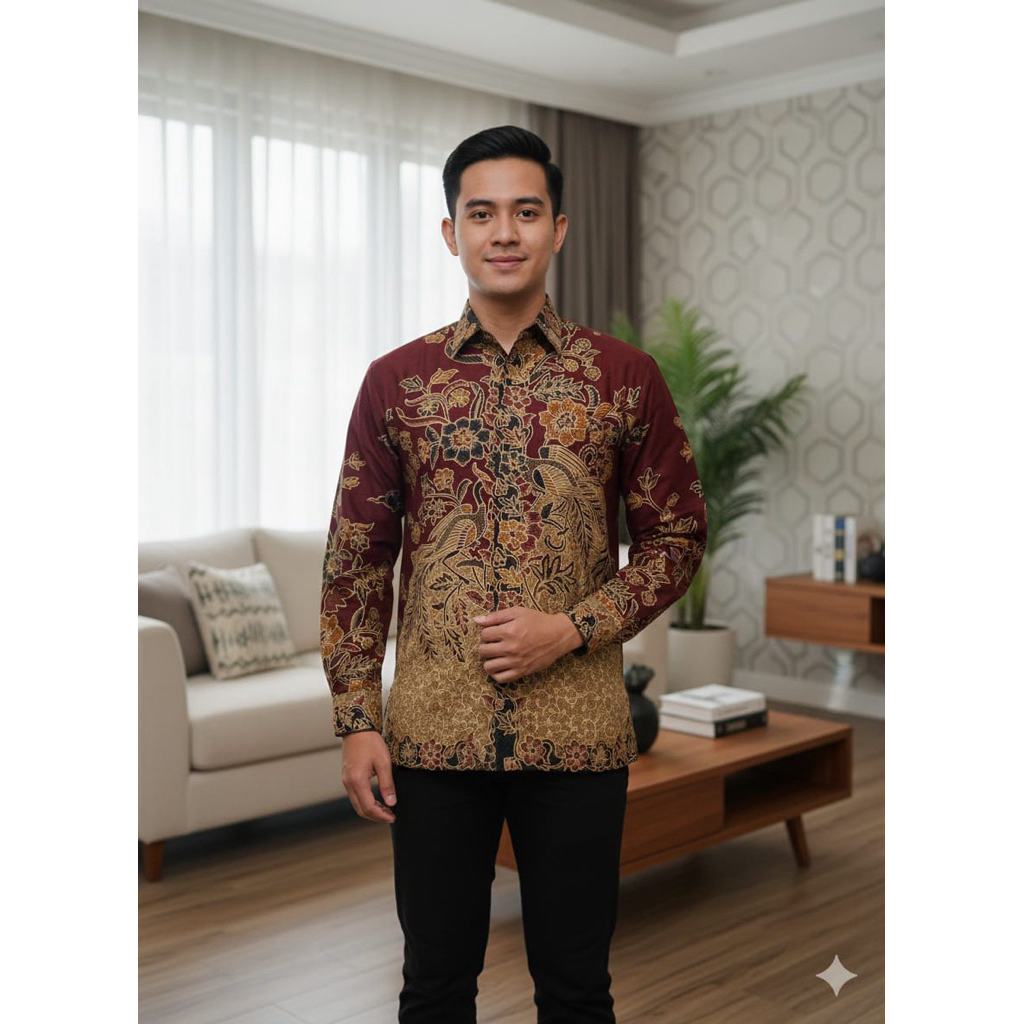 Batik Pria Tulis Prada Bahan Doby Merah Maroon Merak Premium