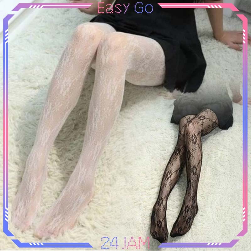 Lace Stocking Hitam Putih Stocking Lolita Cosplay Stocking Motif Bunga Transparan Stocking Renda Put