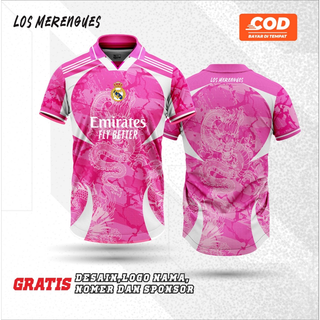 Jersey Retro Fantasy Real Madrid Hitam Pink Full Printing Berkerah