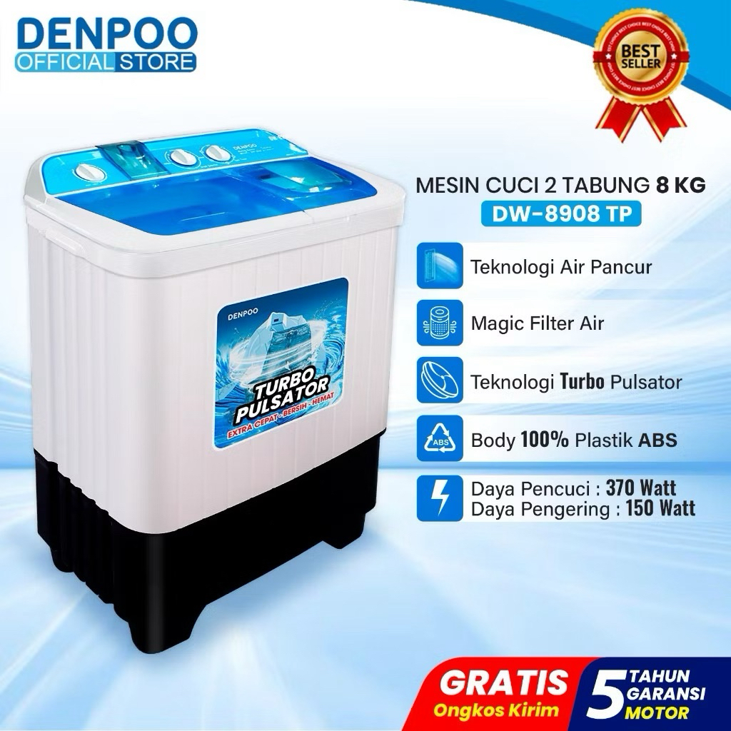 DENPOO Mesin Cuci 2 Tabung 8Kg DW 8908