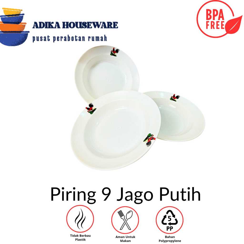 (PAKET 48 PCS) Piring Makan Plastik Jago Putih - Piring 9 Jago Putih