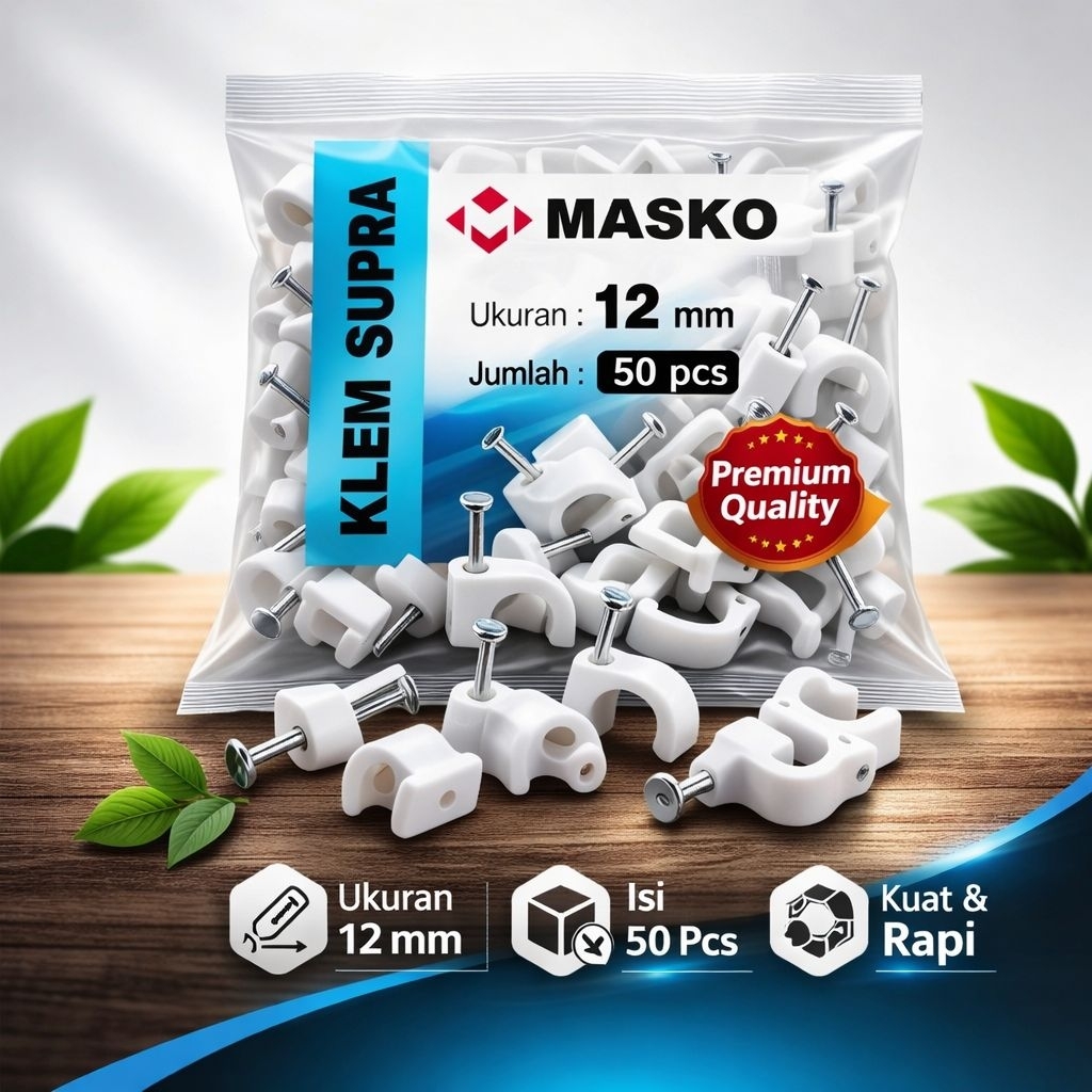 Klem Kabel 12mm MASKO Klem Supra – Isi 50 Pcs – Klem Kabel Tembok dengan Paku – Kuat & Rapi