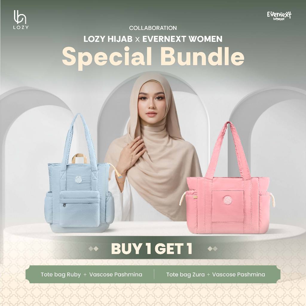[BUY 1 GET 1] Evernext Women x Lozy Hijab Tote Bag Wanita Free Pashmina Viscose Nour Shawl
