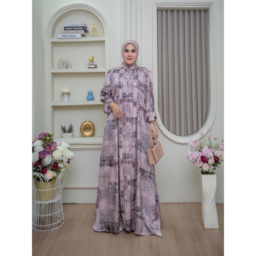 NARISA DRES ARMANI SILK PREMIUM MOTIF TERBARU TANGAN KARET BUSUI DRESS MUSLIM WANITA KEKINIAN