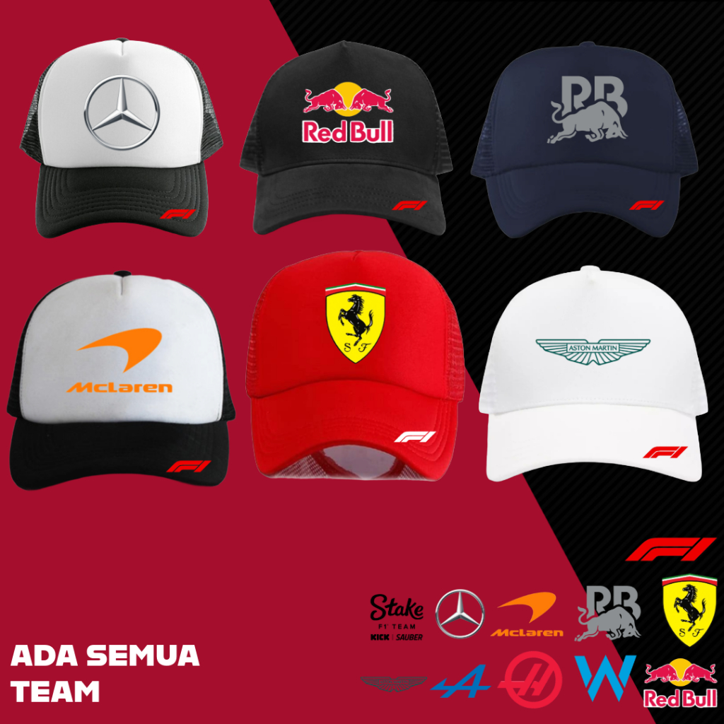 TOPI JARING TRUCKER F1 TEAM FERRARI MCLAREN MERCEDES REDBULL ASTONMARTIN (SEMUA TEAM LENGKAP DAN BAH