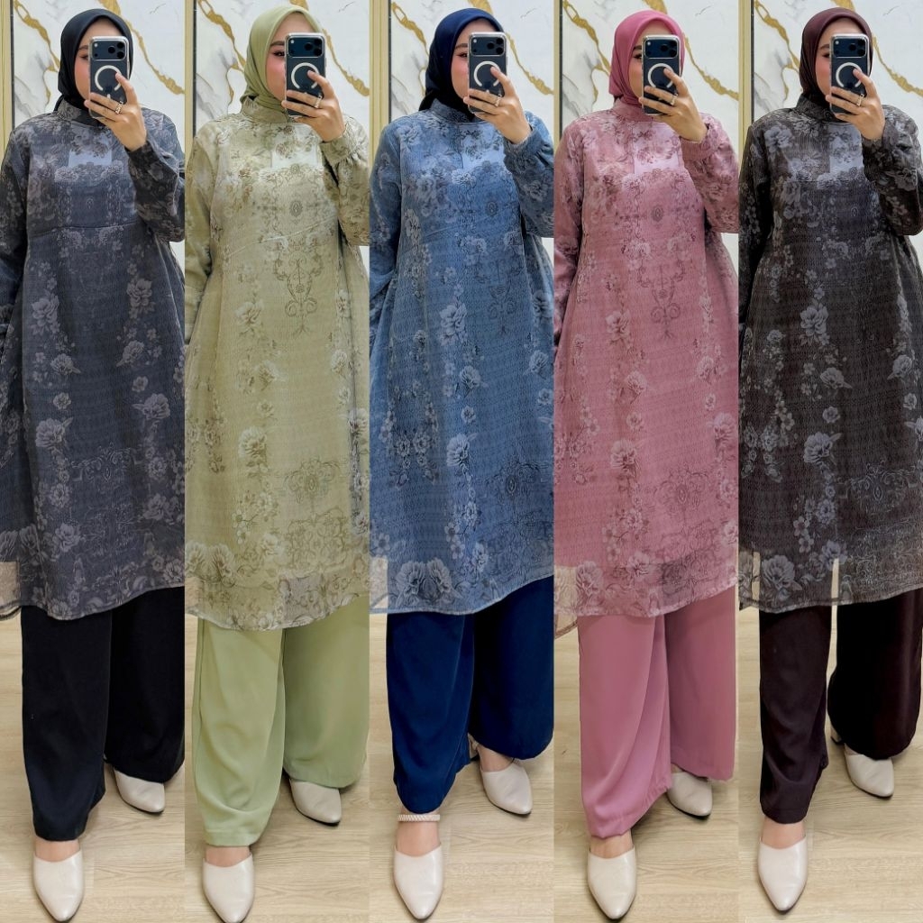 Set Celana Wanita Mat Organza Mix Eliza Premium/Stelan Celana Terbaru/Set Celana Kekinian