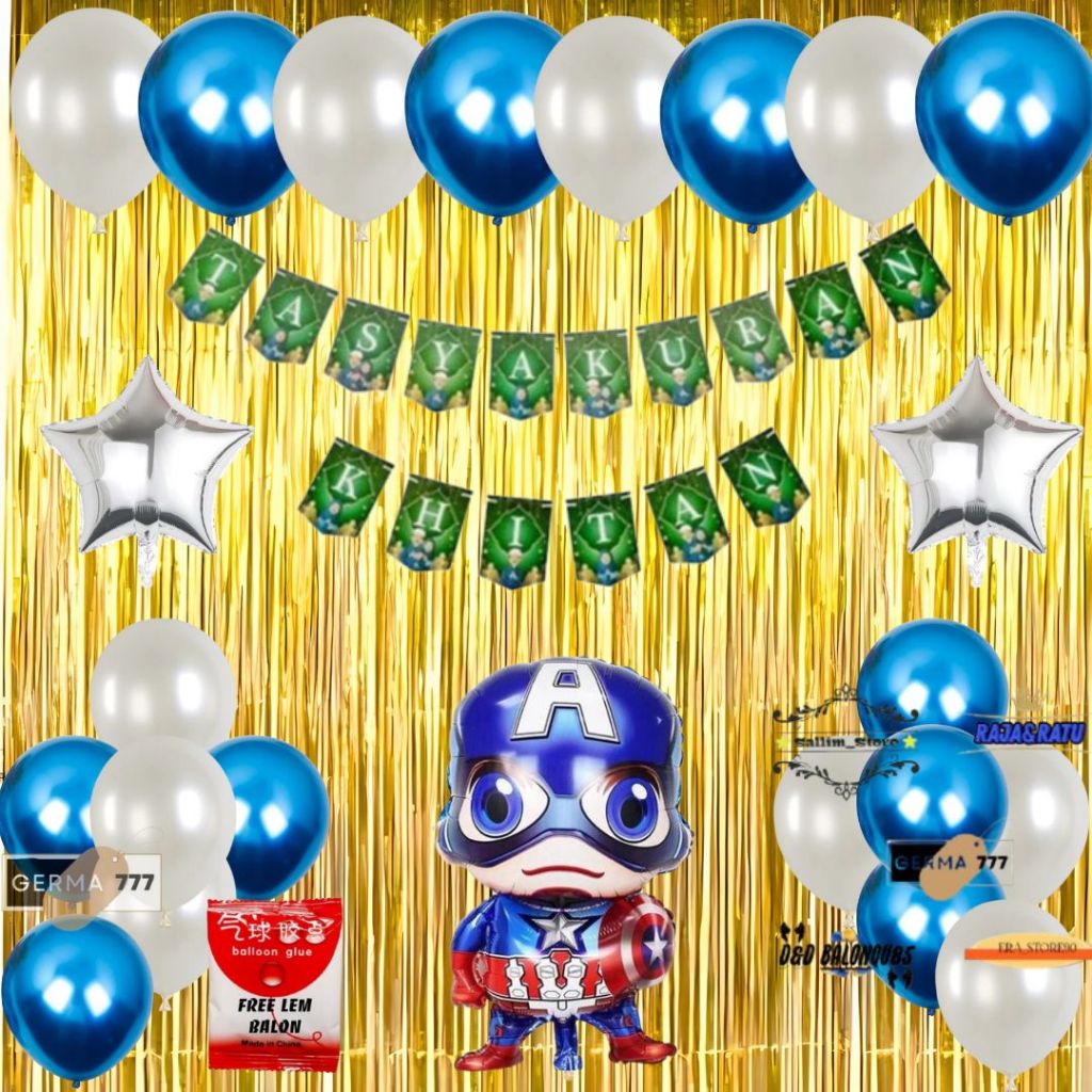 Set Dekorasi Tasyakuran Khitan Anak / Dekor Ultah Acara Khitanan Balon Capten America Tirai Gold
