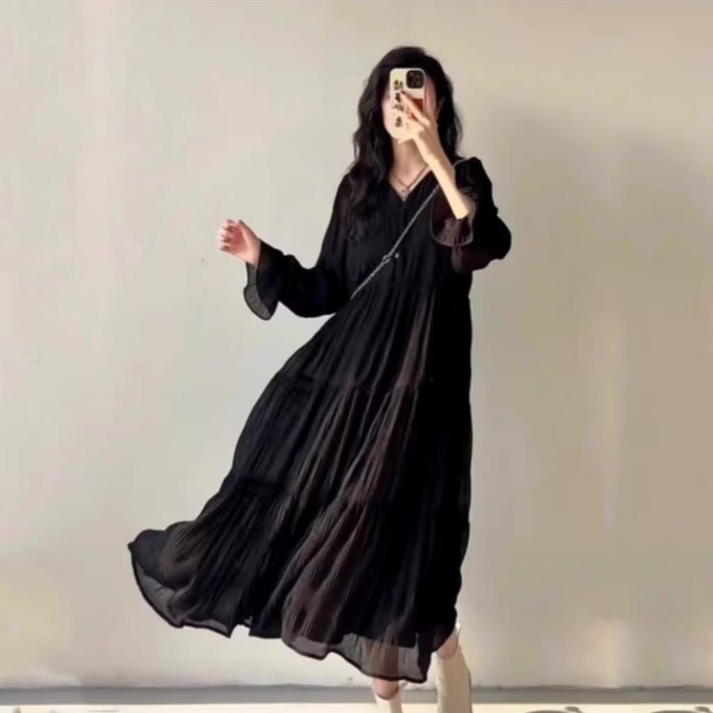 Dress Wanita Korean Style Sifon Putih Panjang Casual Simple (Real Picture)