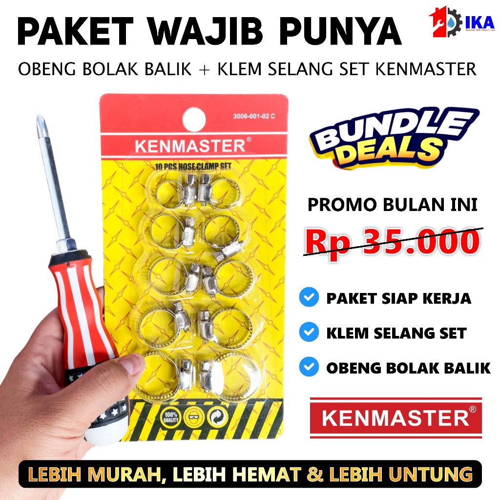 Paket 2 in 1 obeng + klem selang set Kenmaster original / Paket Obeng Bolak Balik Amerika 4" Inch Ku