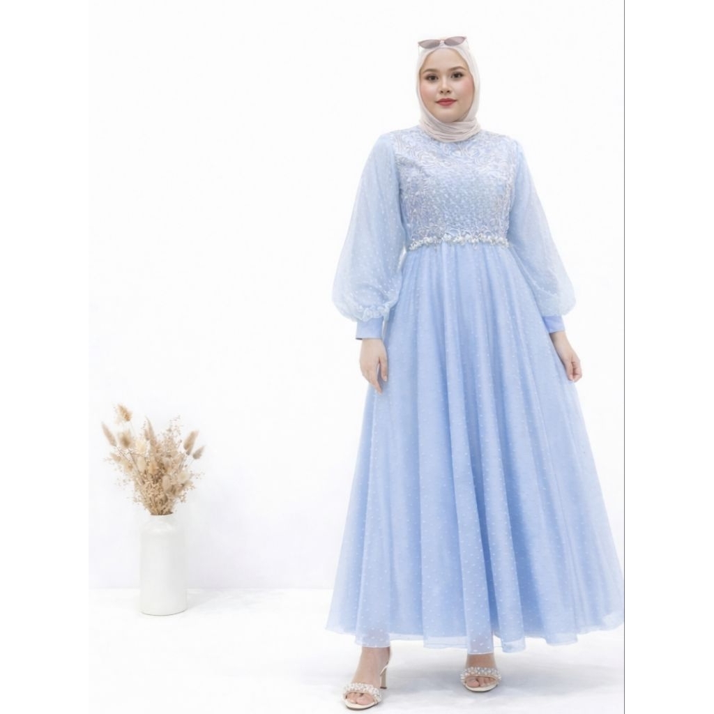 SALE Gamis Brokat Tile Dot Jumbo LD120CM Fit to XXL Warna Birumuda Zh