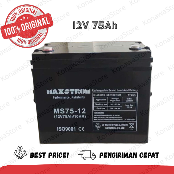 Aki Kering 12V 75Ah Battery VRLA Solar Panel Ups Maxstrom MS75-12