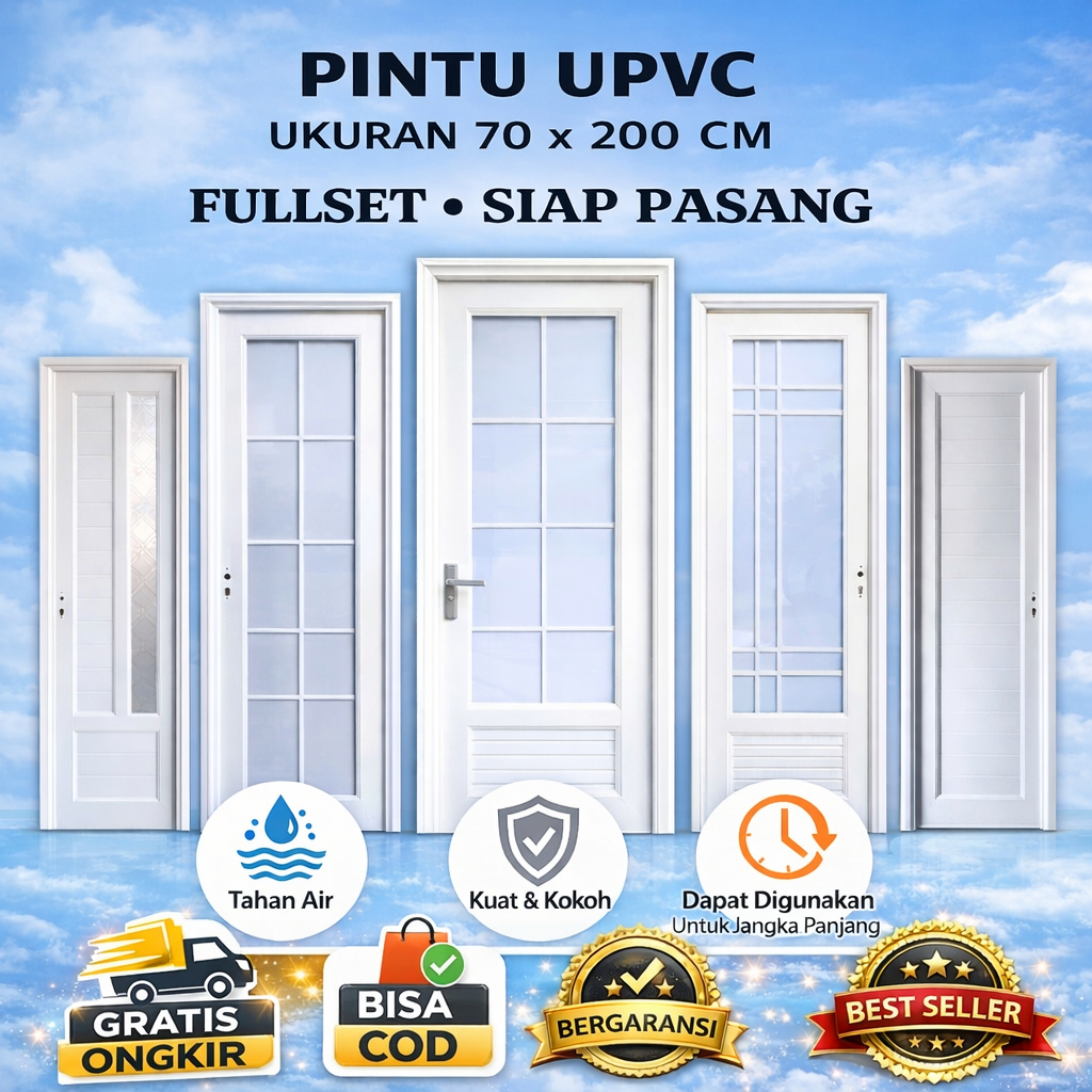Pintu Kamar Mandi UPVC Kaca 8 70x200 Premium Tebal | Pintu WC Minimalis Modern Terlaris EDEN KUMO A0