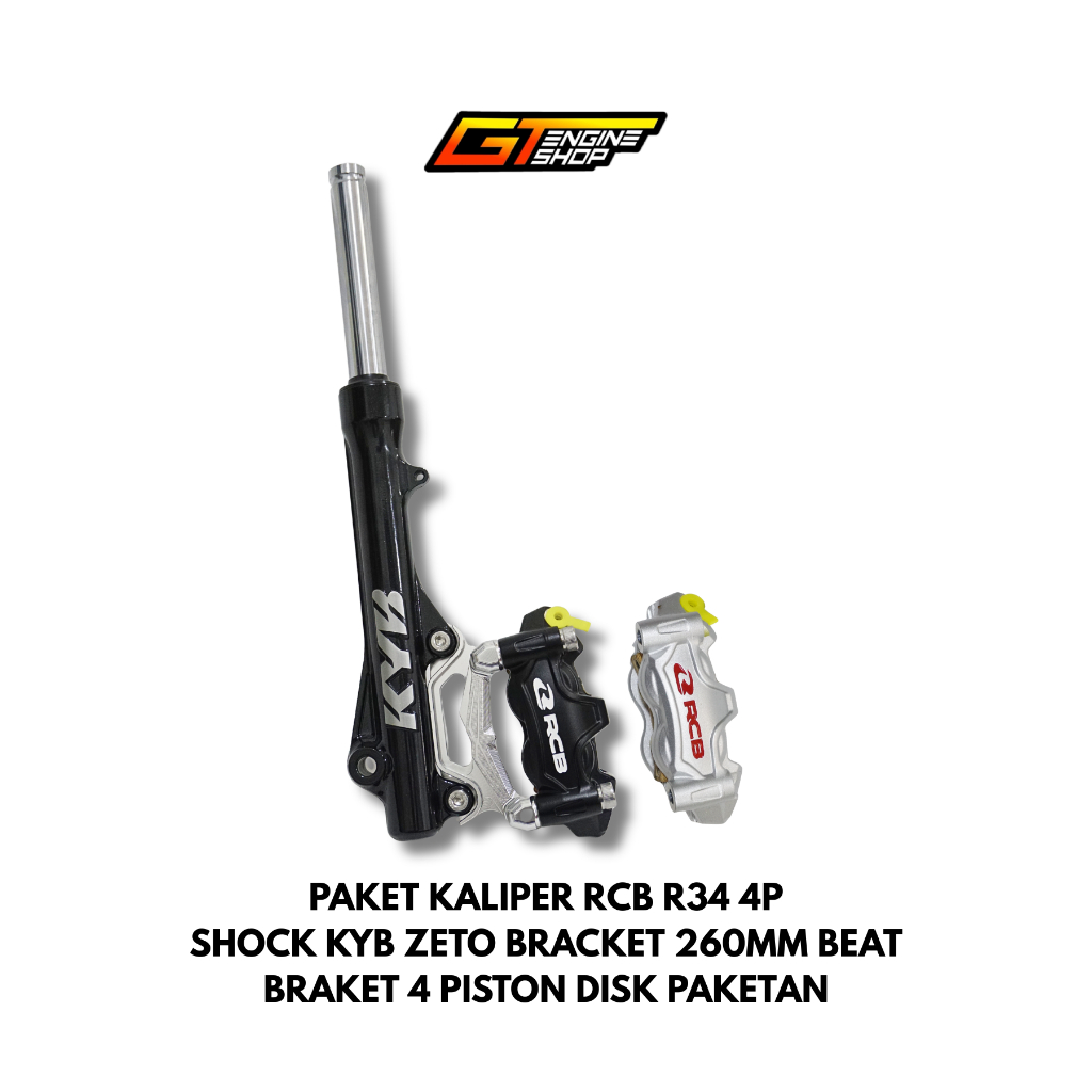 PAKET SET KALIPER RCB R34 4P BLACK SILVER KIRI + SHOCK KYB ZETO + BRACKET CNC 260MM BEAT VARIO SCOOP