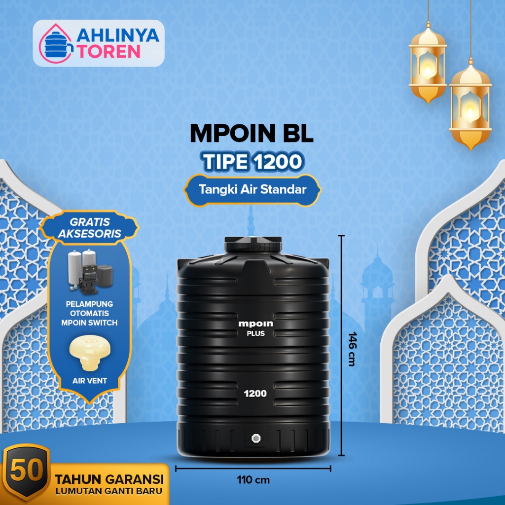 Tangki Air Toren MPOIN 1200 Hitam Tangki Air Anti Virus & Lumut / MPOIN 1200L Garansi 50th