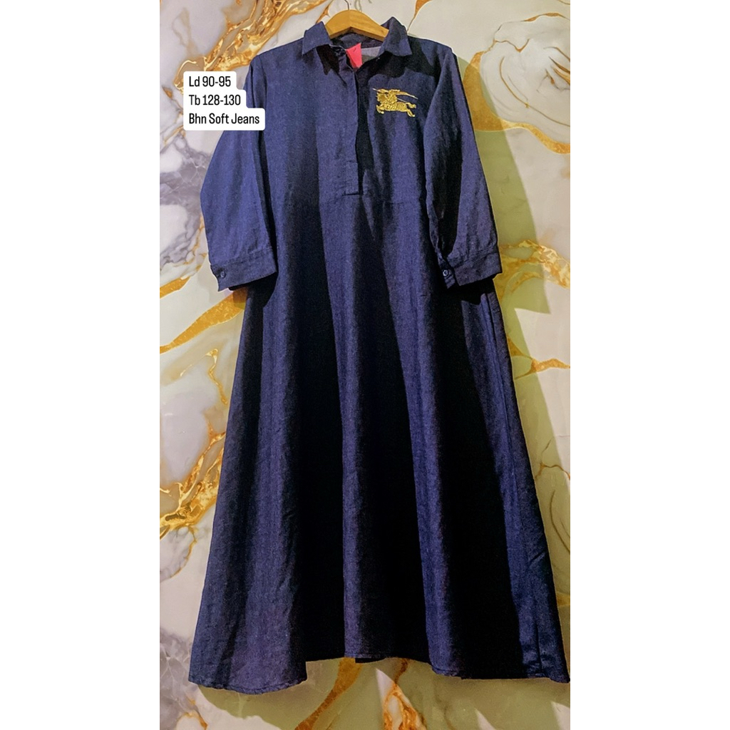 New Gamis Wanita Muslimah Bahan Soft Jeans Warna Navy Busui Friendly