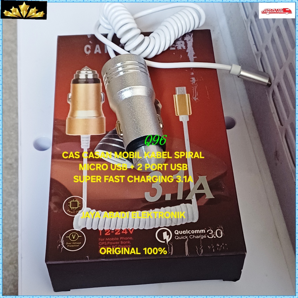 Q96 ADAPTOR SAVER ORI 100% 3A 3 A CAR CHARGER SPIRAL SPRING TRAVEL ADAPTER CAS CASAN MOBIL 2 USB CHA