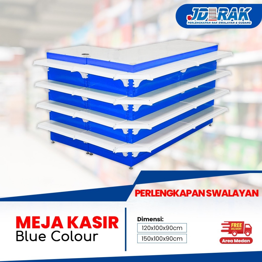 Meja Kasir Minimarket 150x100x90 cm Plus Rak Shelving – Meja Kasir Toko Besi Kokoh