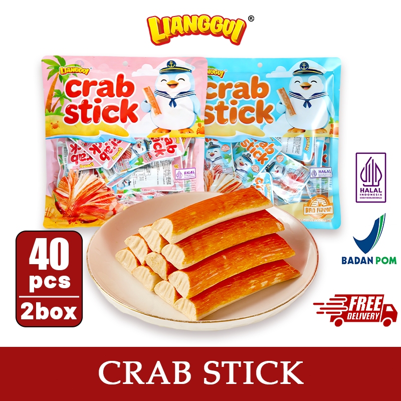 Lianggui - Crab Stick Snack 20 Pcs Halal - Cemilan Enak, Rasa Pedas/BBQ, Makanan Seafood Siap Saji
