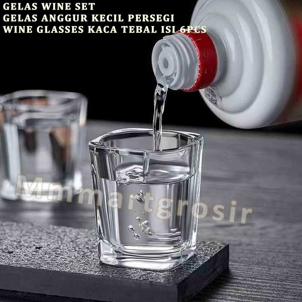 Gelas Wine / Gelas Anggur Kecil Persegi / Wine Glass Kaca Tebal / Isi 6pcs