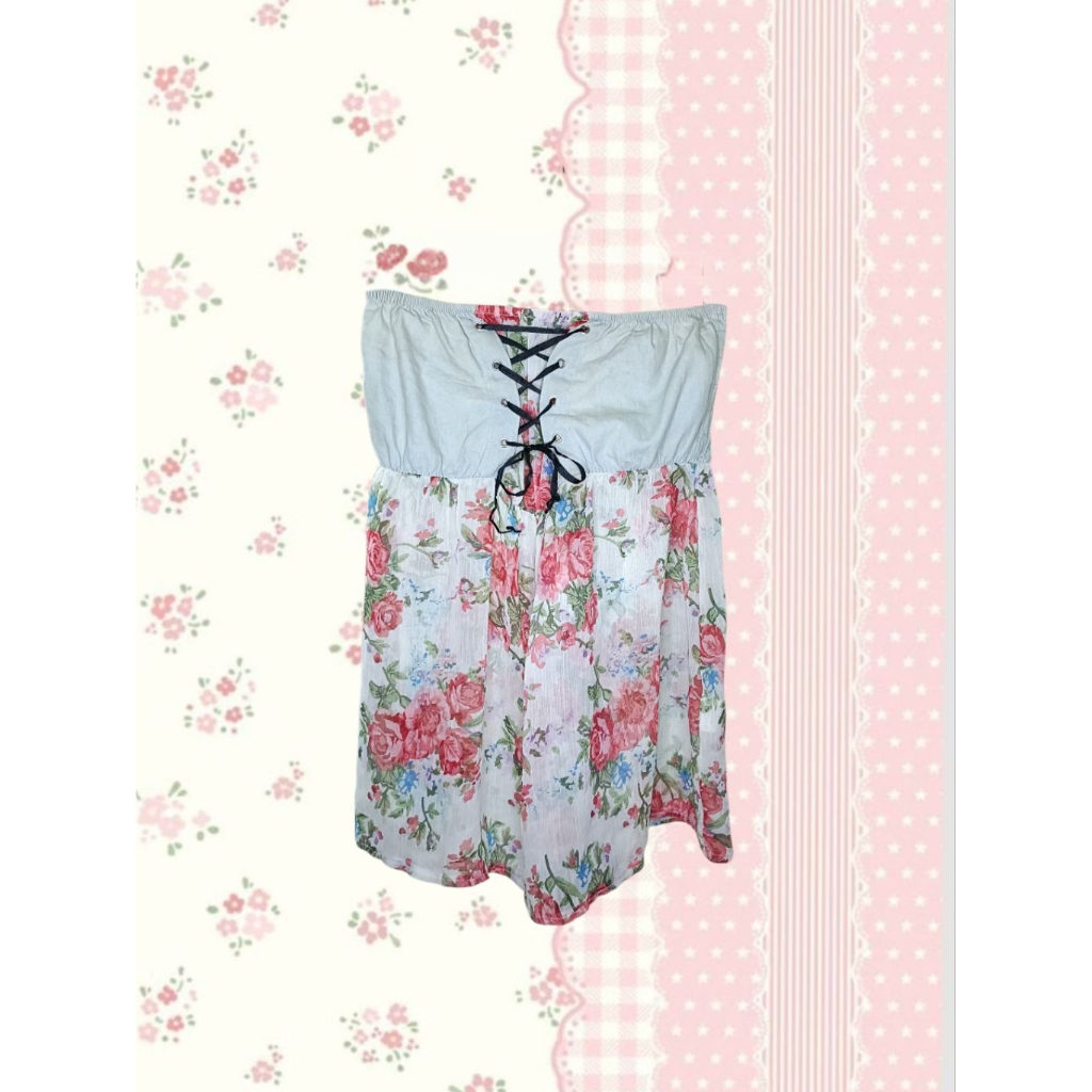 Y2k Kawai Coquette Floral Baby Doll Smocked Top Mix Denim Fairycore Princesscore