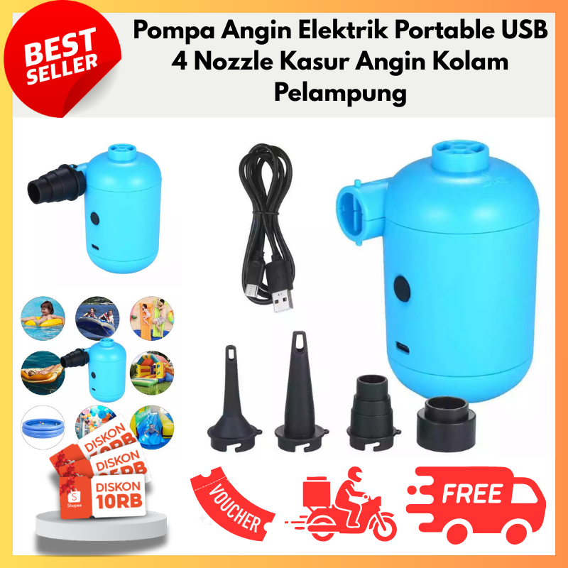 Pompa Angin Elektrik Portable USB 4 Nozzle Kasur Angin Kolam Pelampung
