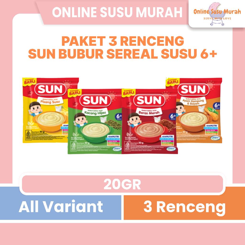 SUN PAKET 3 RENCENG BUBUR SEREAL BAYI MPASI 6 + 20GR 1 RENCENG 8 SACHET 20 GR 6+ PRLA