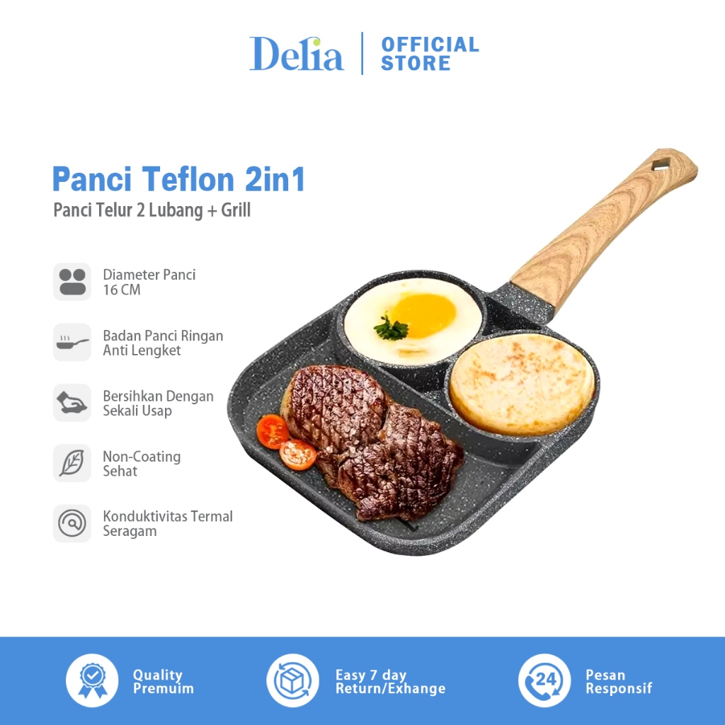 Panci Teflon 2IN1 Anti Lengket Panci Telur 2 Lubang + Grill / Omellete Breakfast Pan