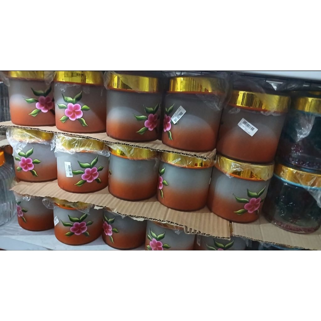 Toples Kaca Bunga 500ml Tutup Emas/Toples Kue Lebaran