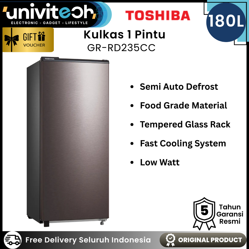 Toshiba Kulkas 1 Pintu 180 Liter Low Watt Fast Cool Jumbo Freezer Rak Kaca Anti Bakteri, GR RD235CC