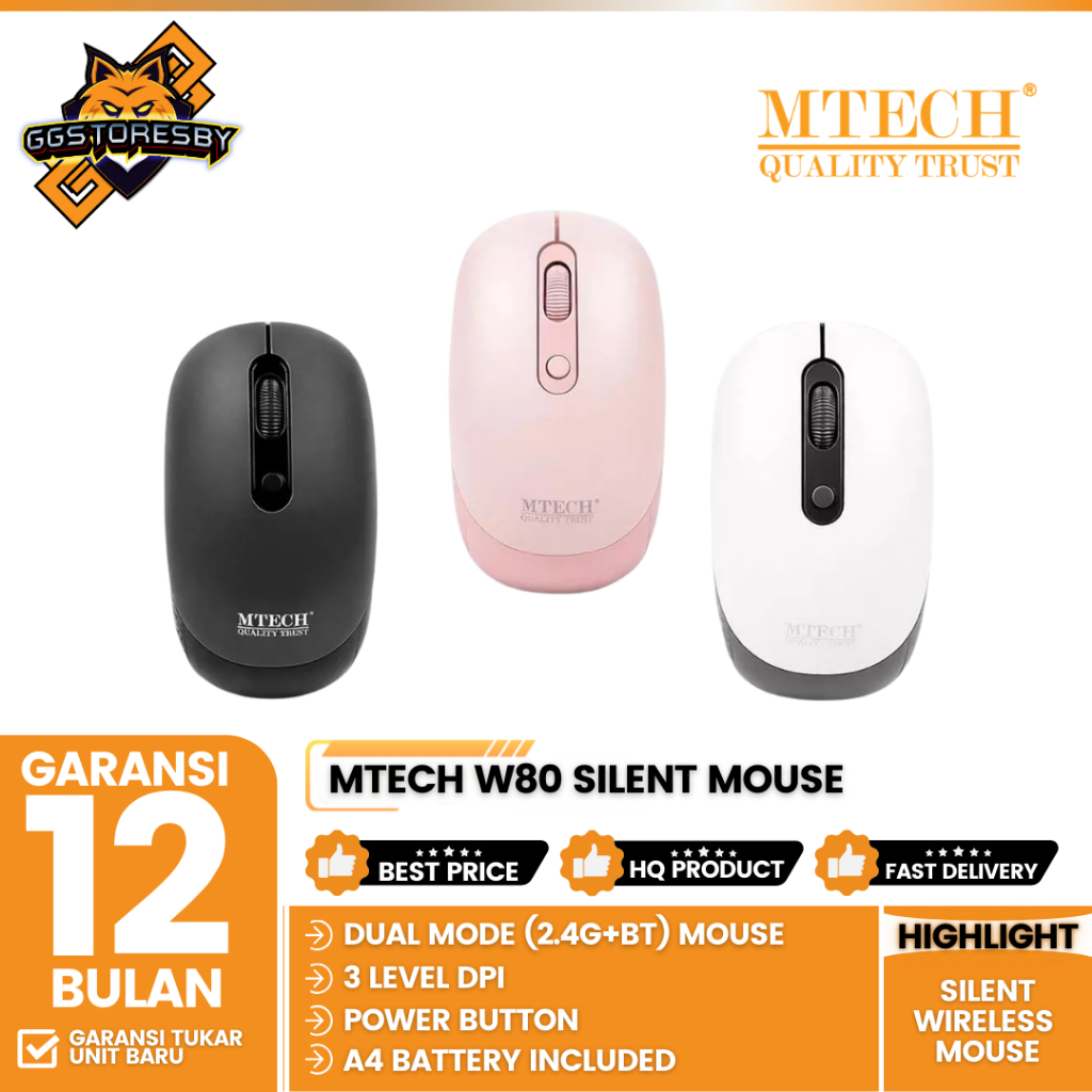MTECH Mouse Bluetooth Wireless Silent Click W-80 - Mouse M-TECH Dual Mode (2.4G+BT) W80 - M-TECH MTE