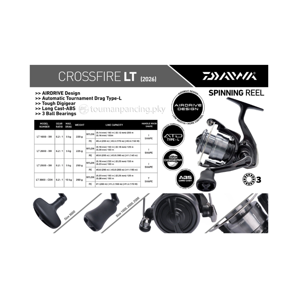 DAIWA CROSSFIRE LT 2026 Spinning Reel Pancing AirDrive Design Silver Black 1000 2000 2500 3000 CXH
