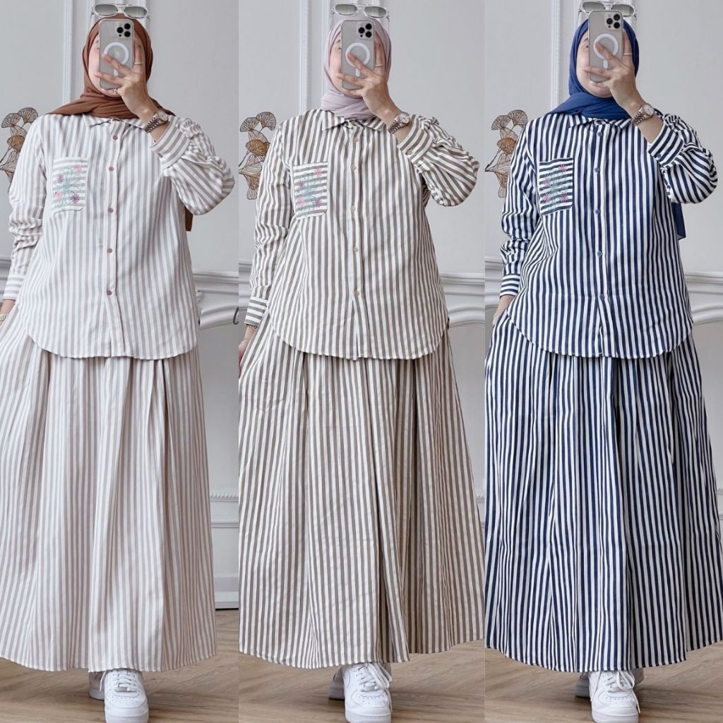 Aquinzha Aquinza vol 7 Set Series Setelan Rok Katun Salur Gagil by Ova