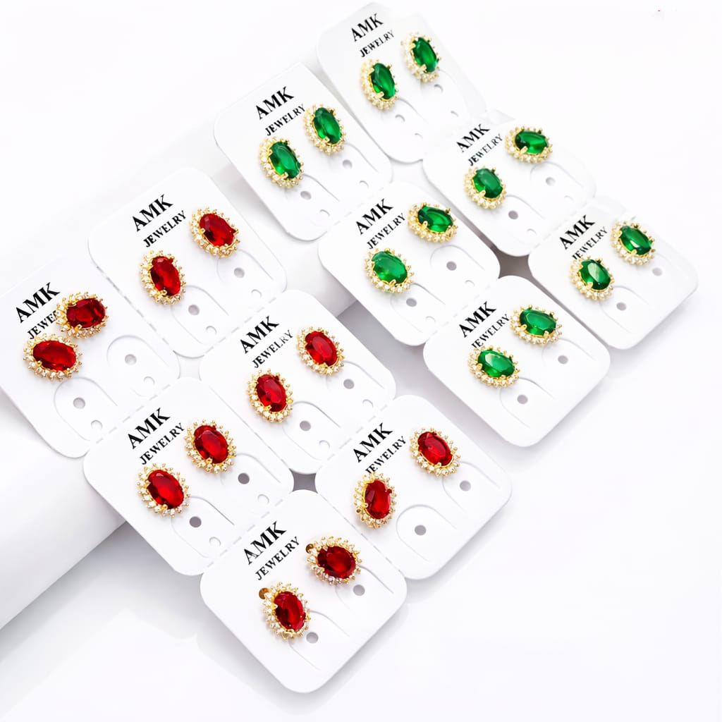 Anting Tusuk Xuping Oval Batu Merah & Hijau Lapis Emas – Elegant Stud Earrings Wanita Premium