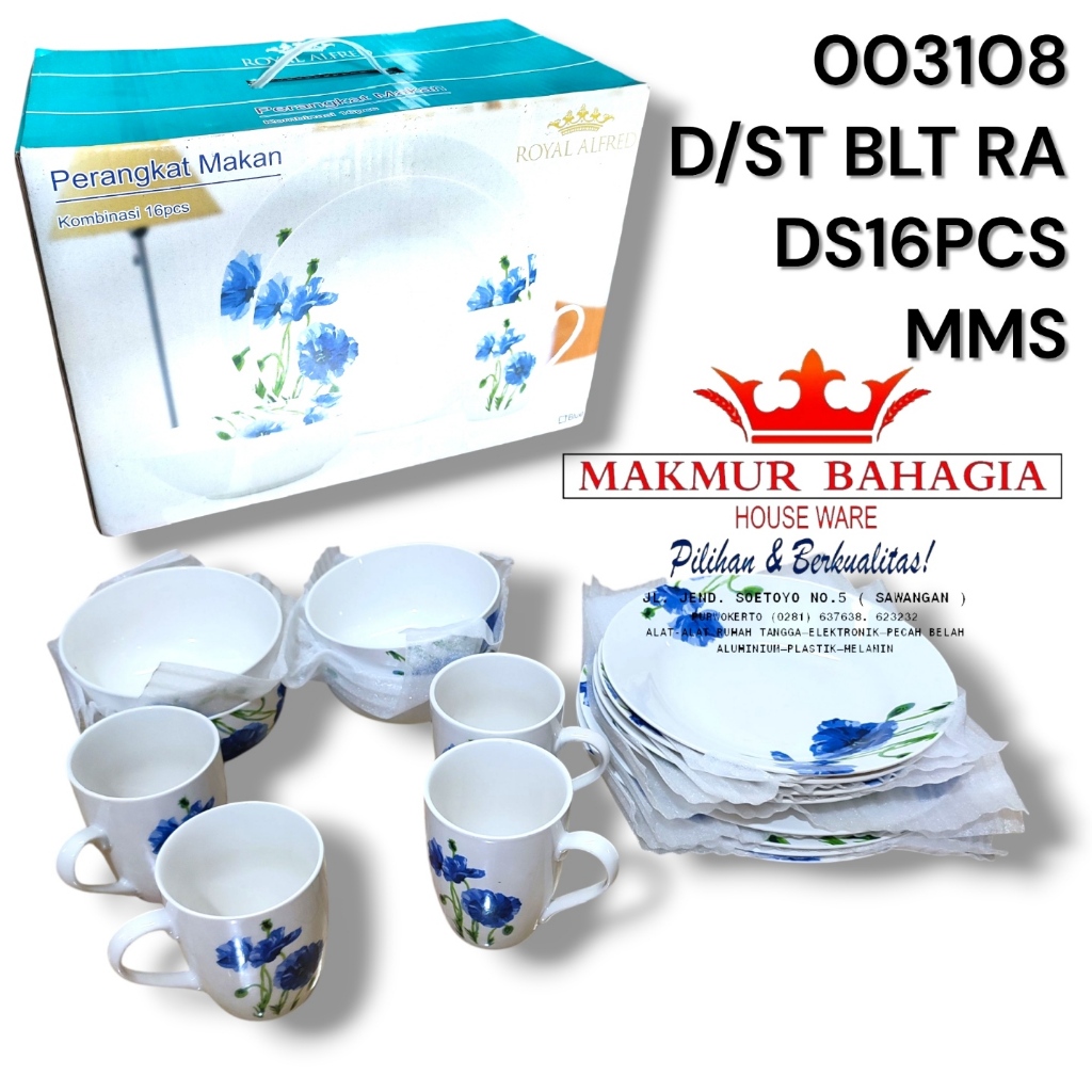 Dinner Set Bulat RA DS16Pcs MMS | Perlengkapan Makan 16 pcs Motif Biru | Piring Mangkok Cangkir Kera