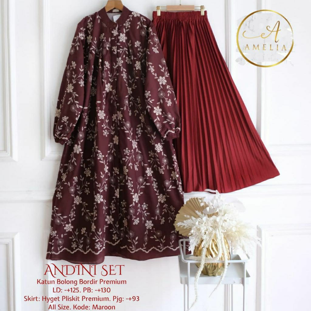 New Andini setelan rok plisket remaja atasan long tunik katbol bordir muslimah
