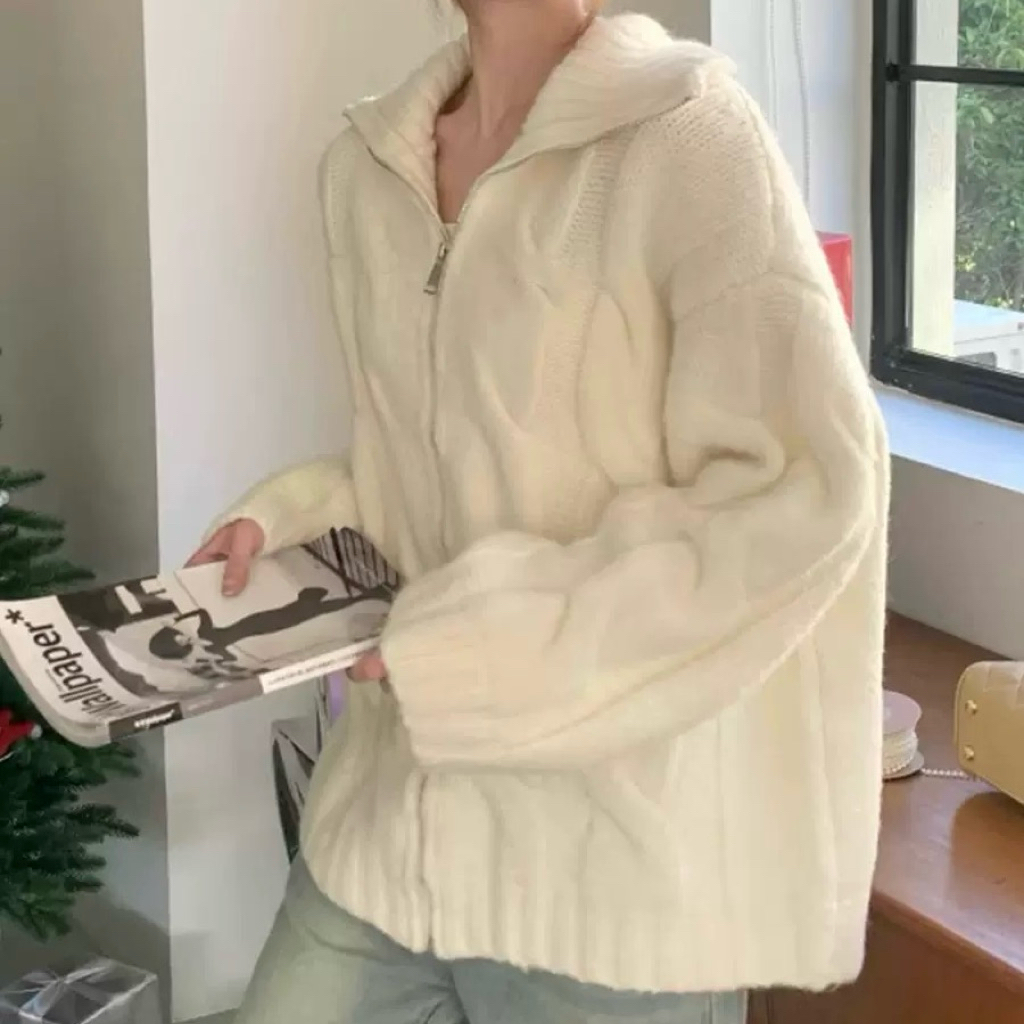 chatta - EUNJIN SWEATER atasan lengan panjang oversize wanita gaya korea rajut biru putih