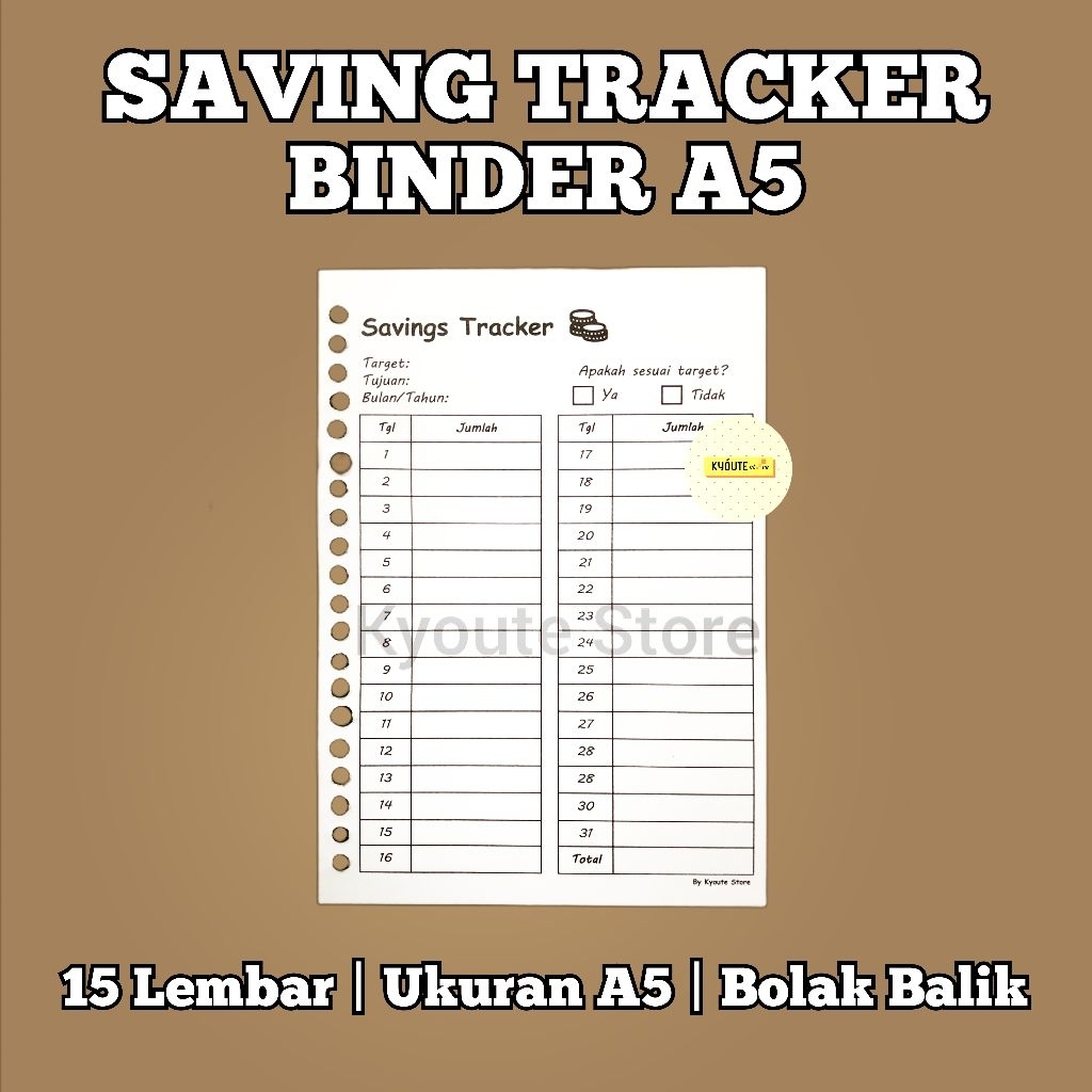 Kertas Binder A5 Saving Tracker Kyoute (Versi 2) - Catatan Tabungan Bulanan Target Keuangan