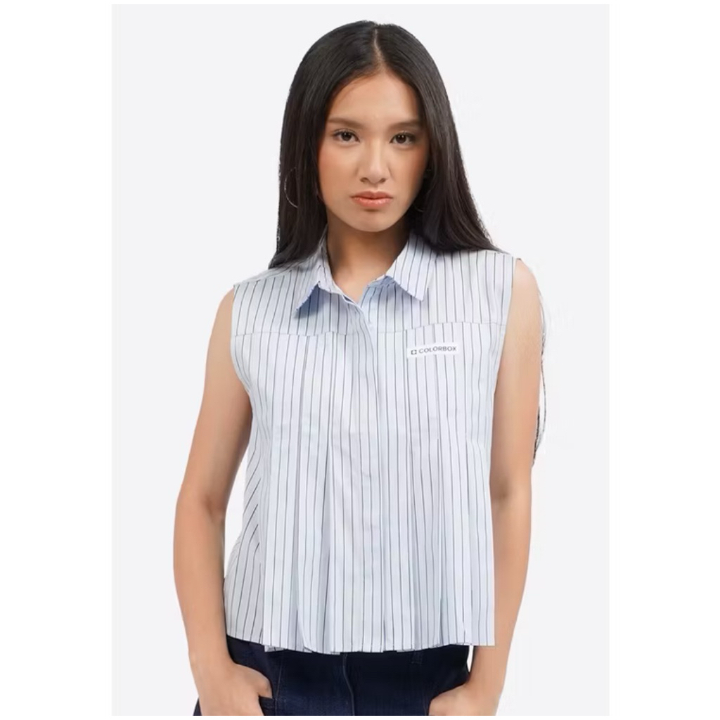 colorbox pleated stripe seleeveless blouse lt. blue vest top