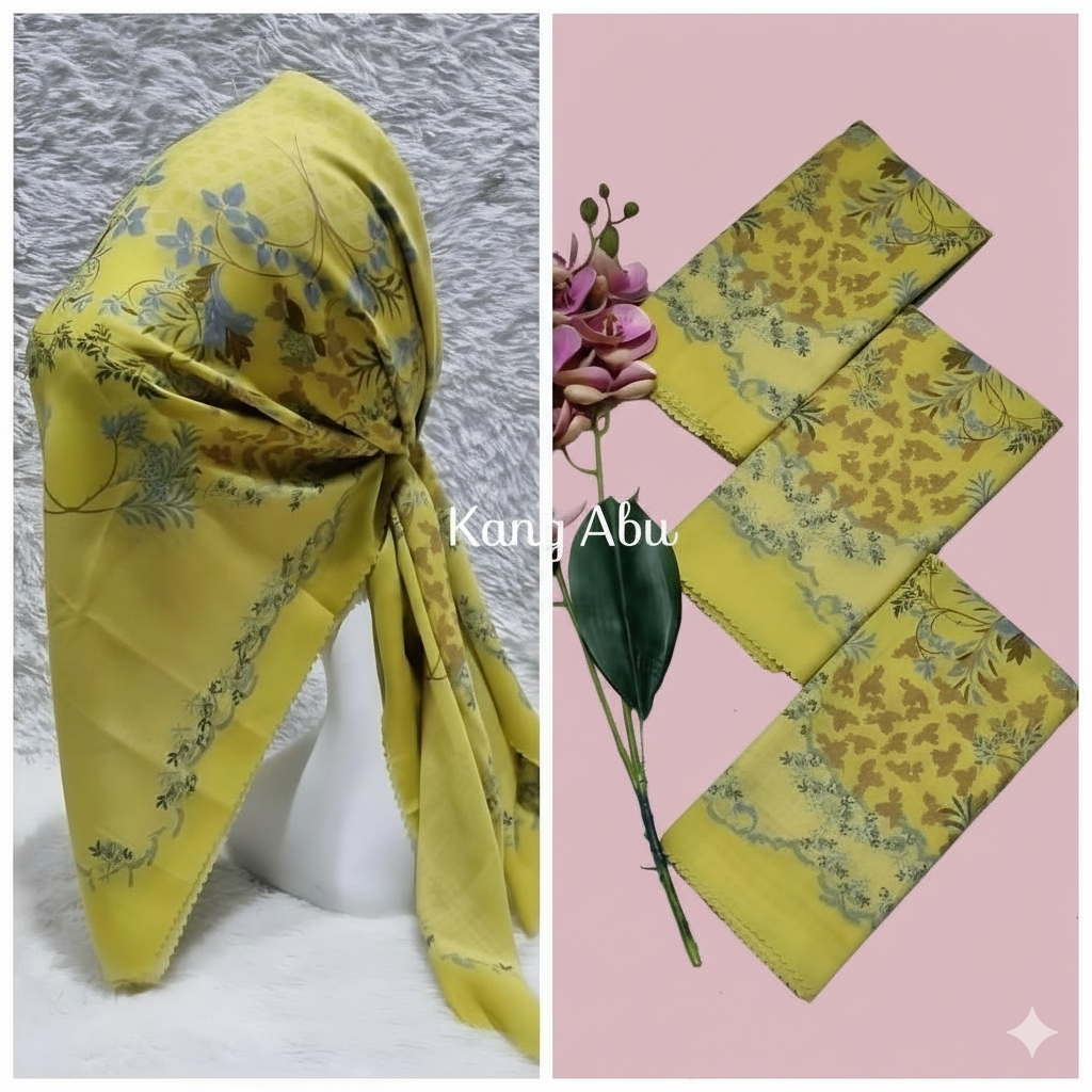 imn. Hijab segi empat voal motif bunga (CODE 102) warna kuning lemon 110x110cm