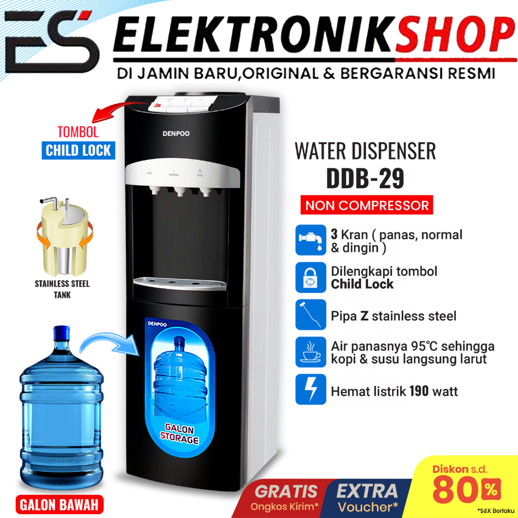 (FREE ONGKIR) Denpoo DDB-29 Water Dispenser Gallon Bawah Non Kompressor DISPENSER KULKAS GALON BAWAH